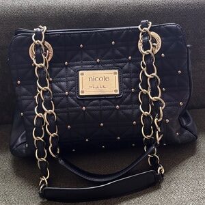 Nicole Miller Black Quilted Shoulder Bag with Gold Accents